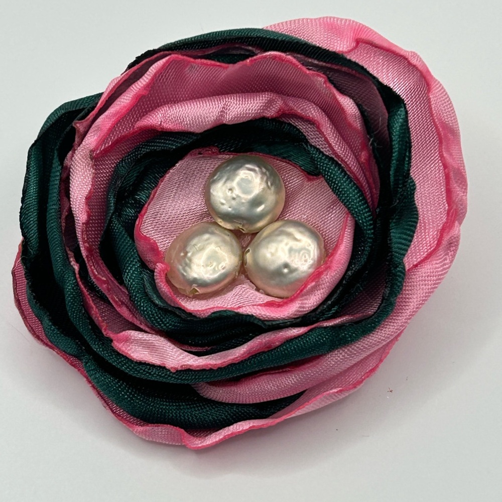 Elegant Handmade Pink and Green Satin Flower Hair Clip